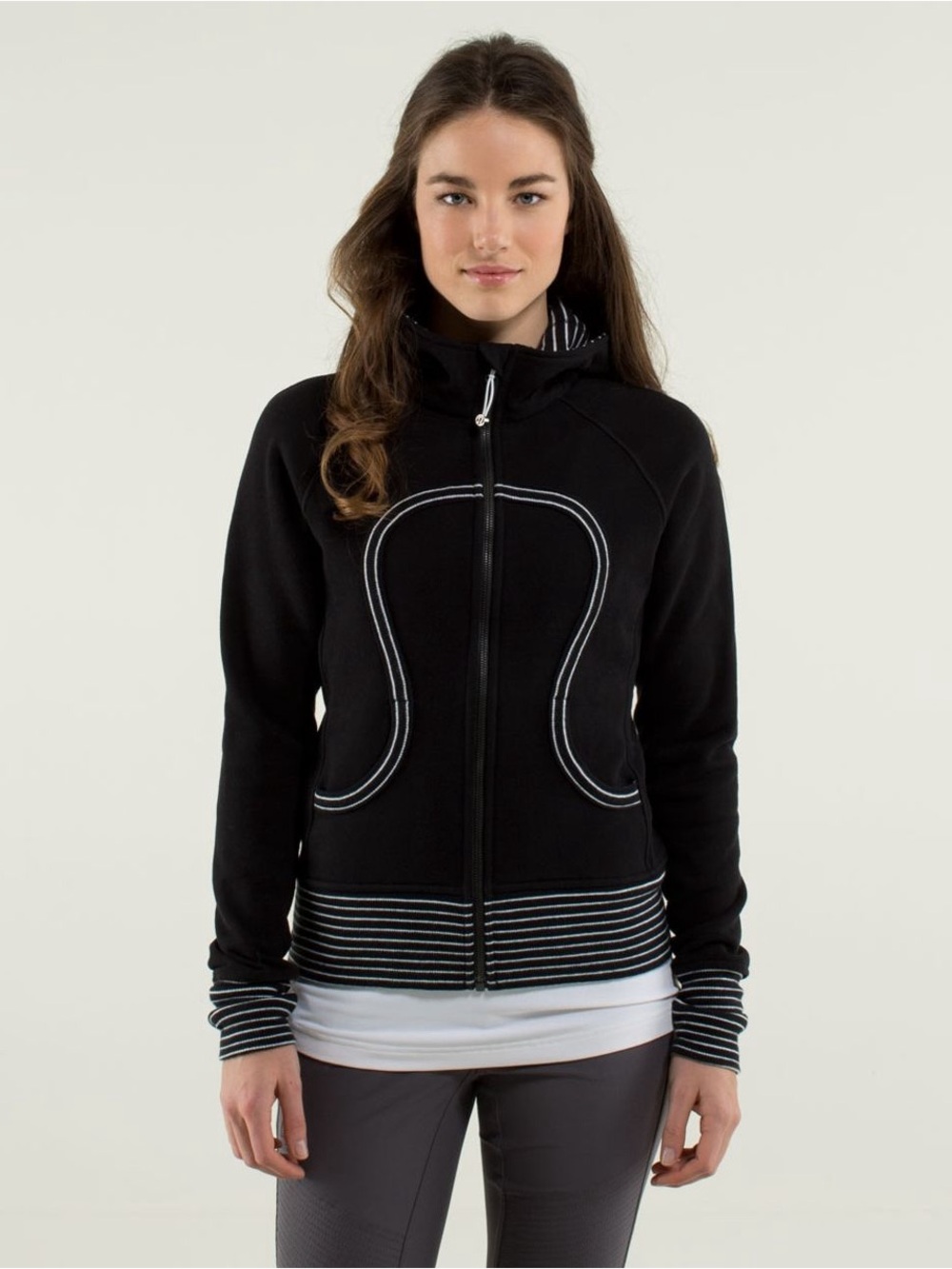Rare Lululemon Scuba Hoodie Stretch Lined Hood Parallel Stripe BlackWhite Sz 10